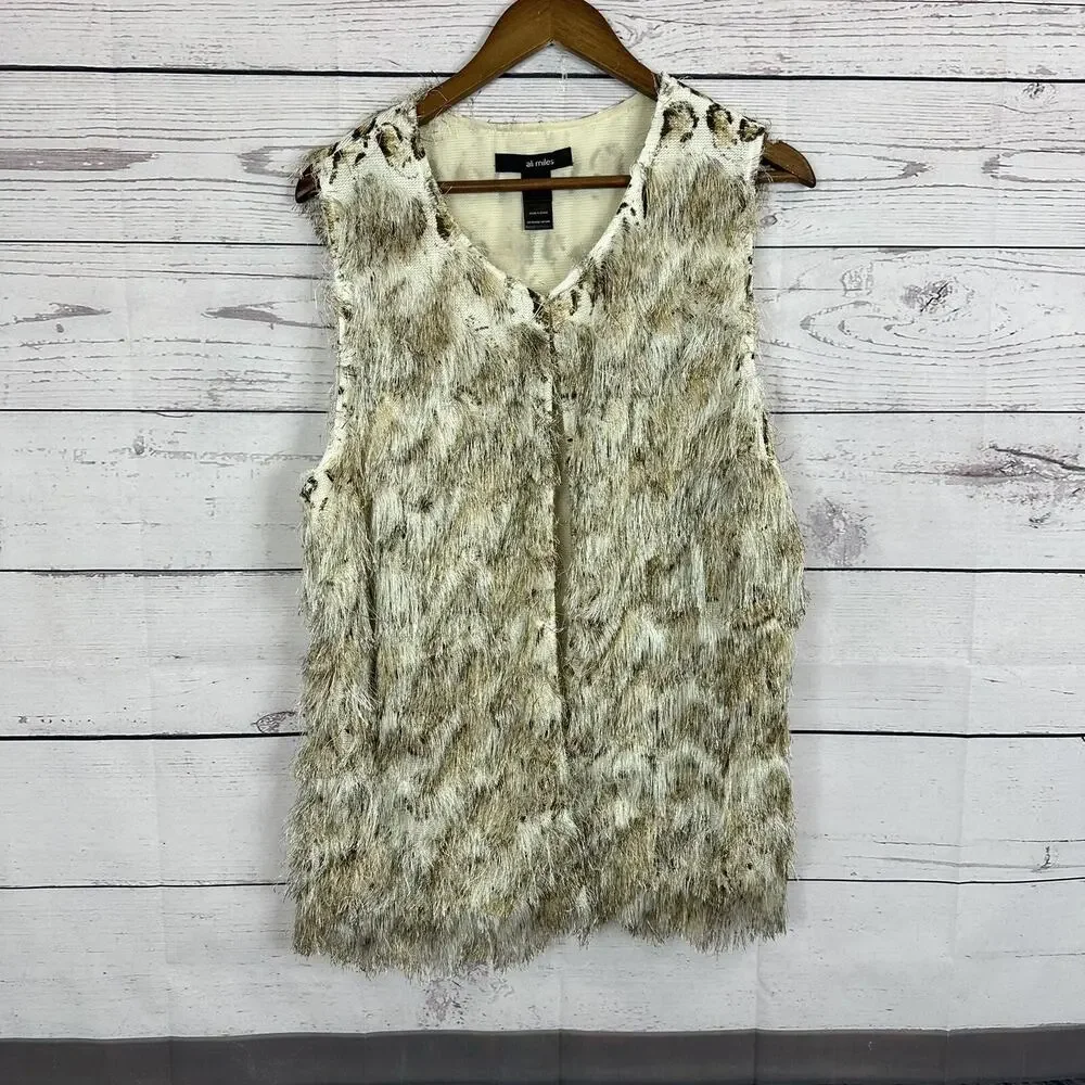 Ali Miles Vest Womens‎ XL Beige Shag Animal Print Hook Closure Art Statement